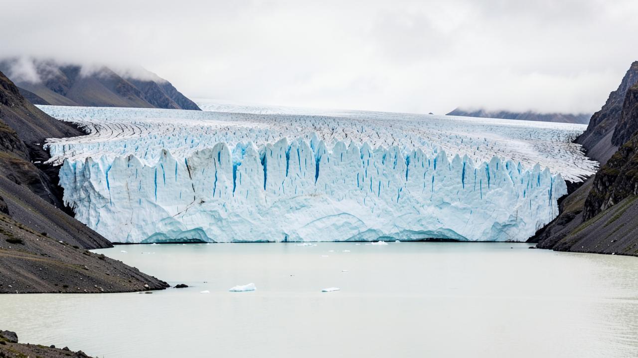 The blue calving face of the Perito Moreno glacier above the lake
