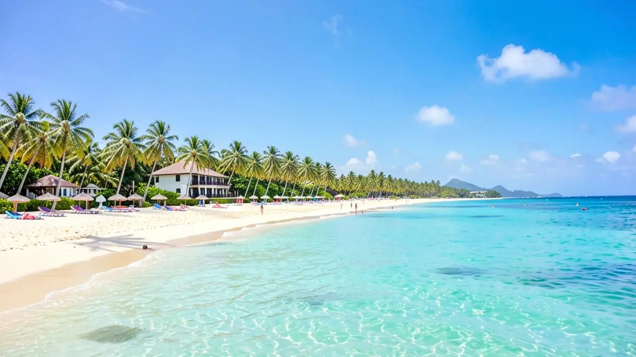 A sheltered white sand bay with calm turquoise water in Cap Cana