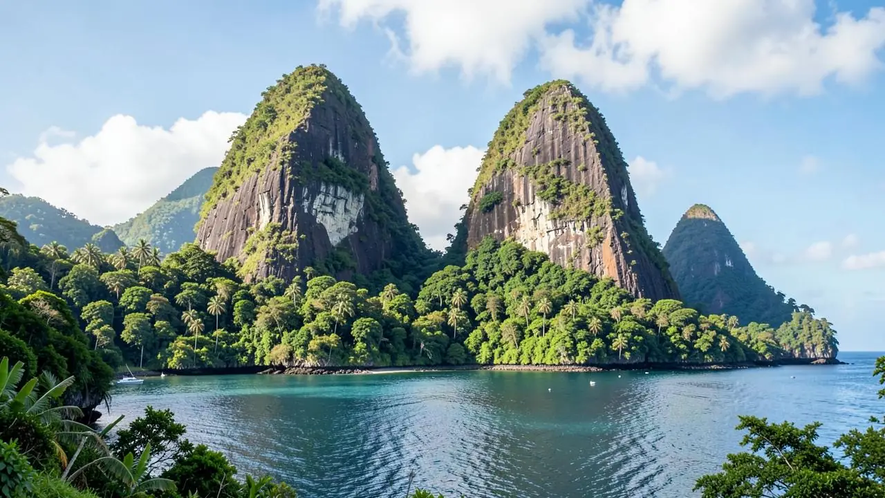 The two Pitons rising out of the sea on St Lucia's southwest coast