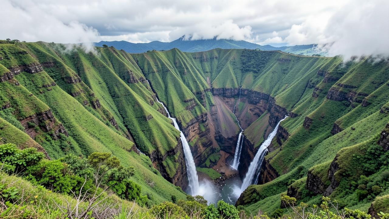 Steep green ridges falling into a collapsed volcanic cirque on Reunion