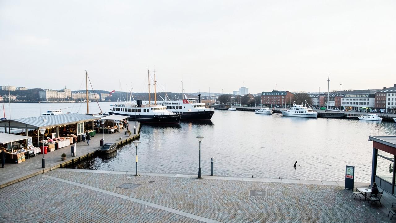 The Helsinki waterfront and market square with ferries at the quay