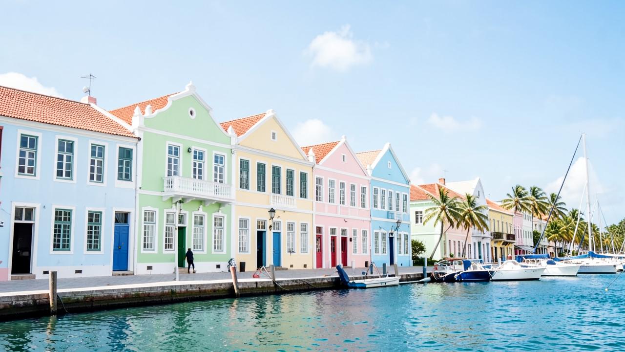 Pastel Dutch colonial gables along the Willemstad harbour front