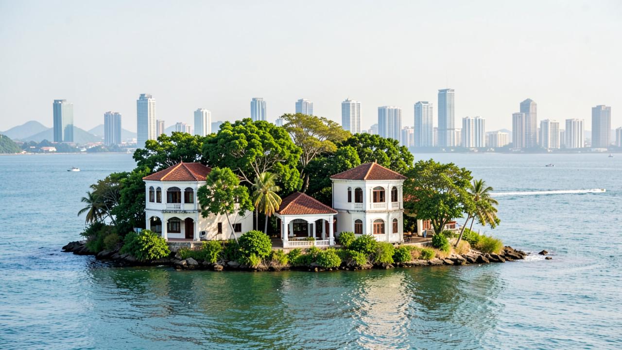 Colonial villas among trees on Gulangyu with Xiamen across the water