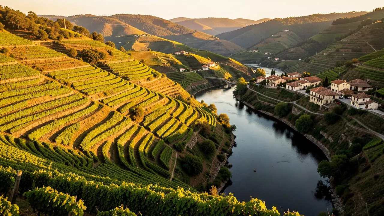 Terraced vineyards dropping to the Douro river in golden light
