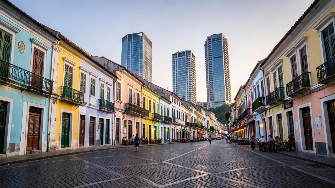 The baroque facade of the ruins of St Paul's above a cobbled square in Macau
