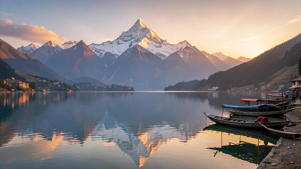 The Annapurna range above Phewa lake at Pokhara on a clear morning