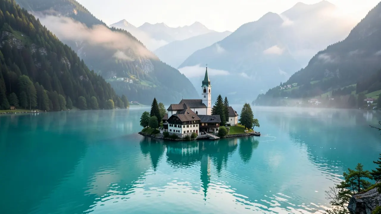 The island church on Lake Bled with the Julian Alps behind